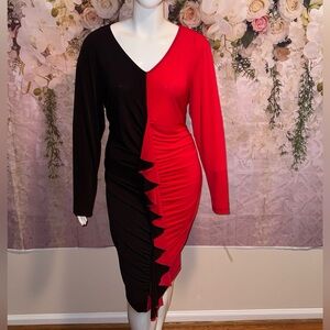 26- Black & Red - Color Block Bodycon Midi Dress